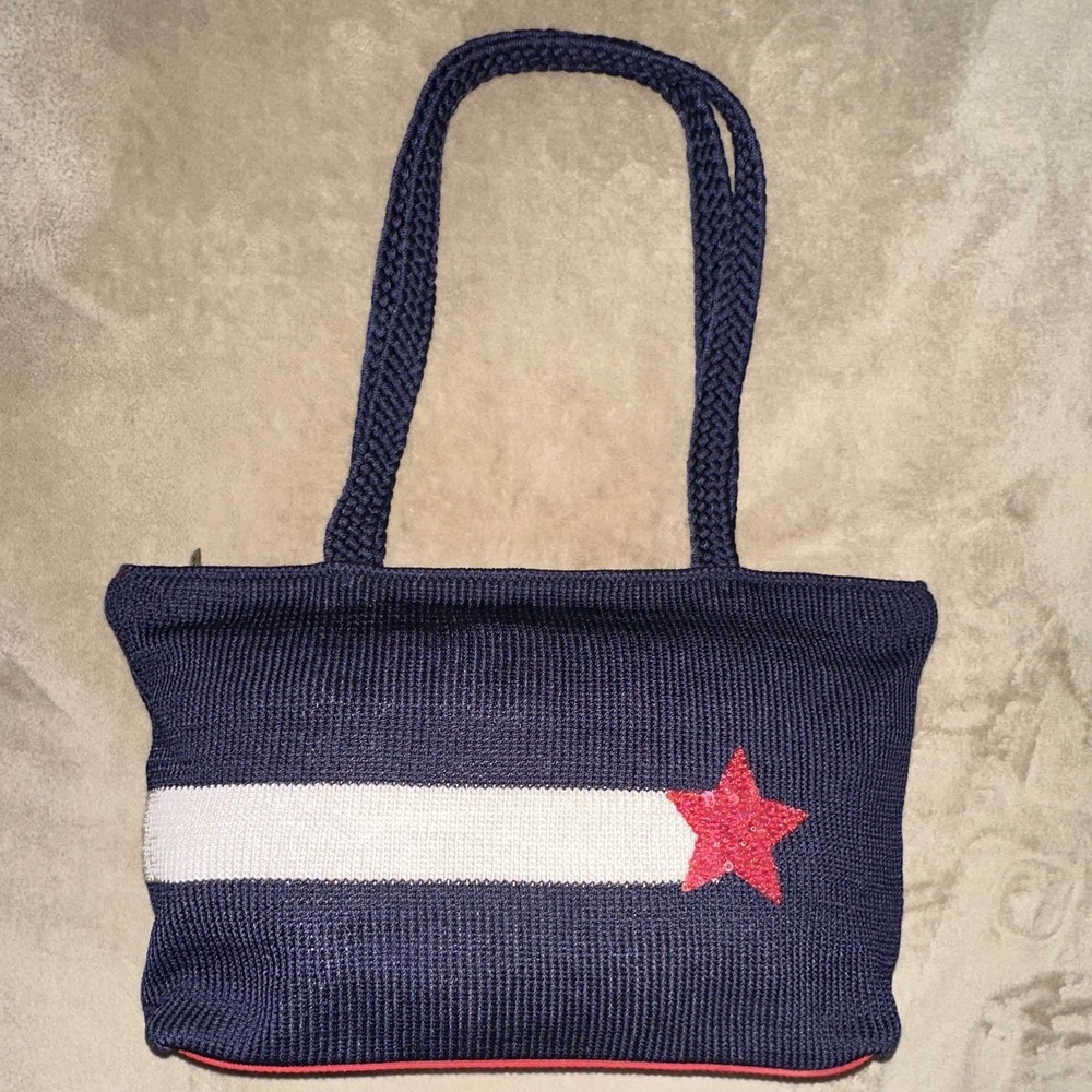 The Sak Navy Striped Star Tote Bag Beaded Zip Top Red Lining Inner Pockets